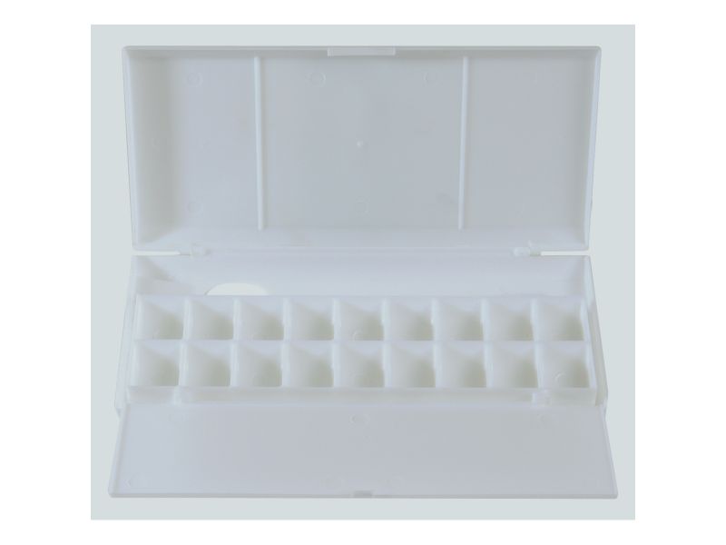 Tavolozza-contenitore 30x13,5x2,2 cm plastica 18 celle, vano pennelli, coperchio