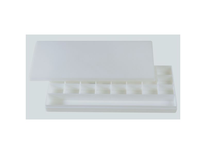 Palette-container, 28x12.5x2.7 cm, plastic, 24 cells, brush compartment, cover