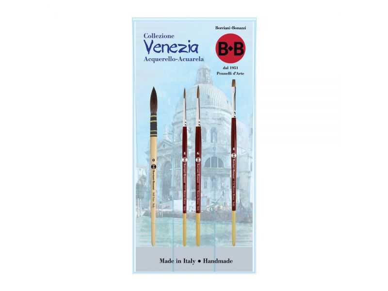 Set de pinceaux Venezia (3 pinceaux en martre et 1 en petit gris pur), Borciani Bonazzi