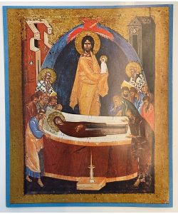 Impresión, icono Dormición de la Madre de Dios de Teófanes el Griego siglo XIV 22,5x27cm